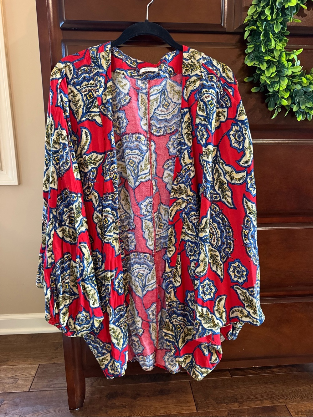 Maurices Red Paisley Open-Front Kimono Jacket